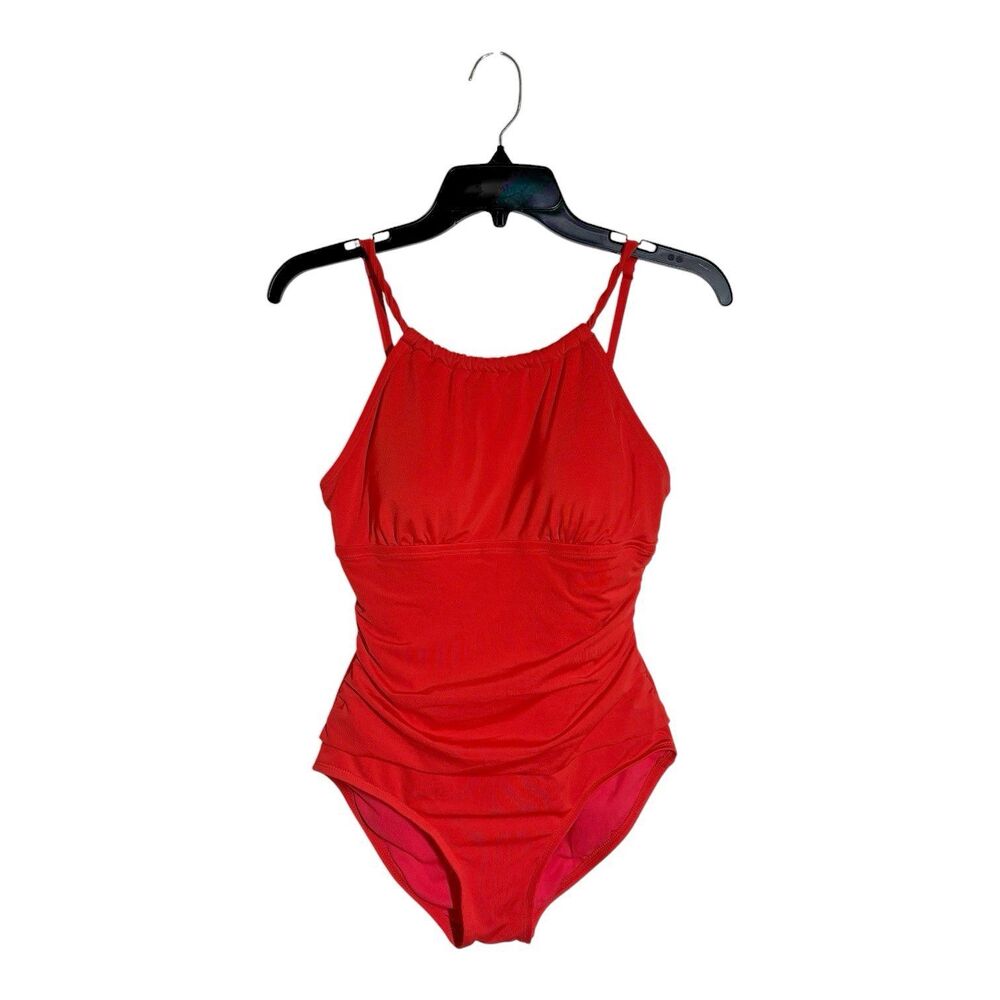 Jantzen Coral Red Ruched High Neck One Piece Swimsuit Fits S Beach Vacation